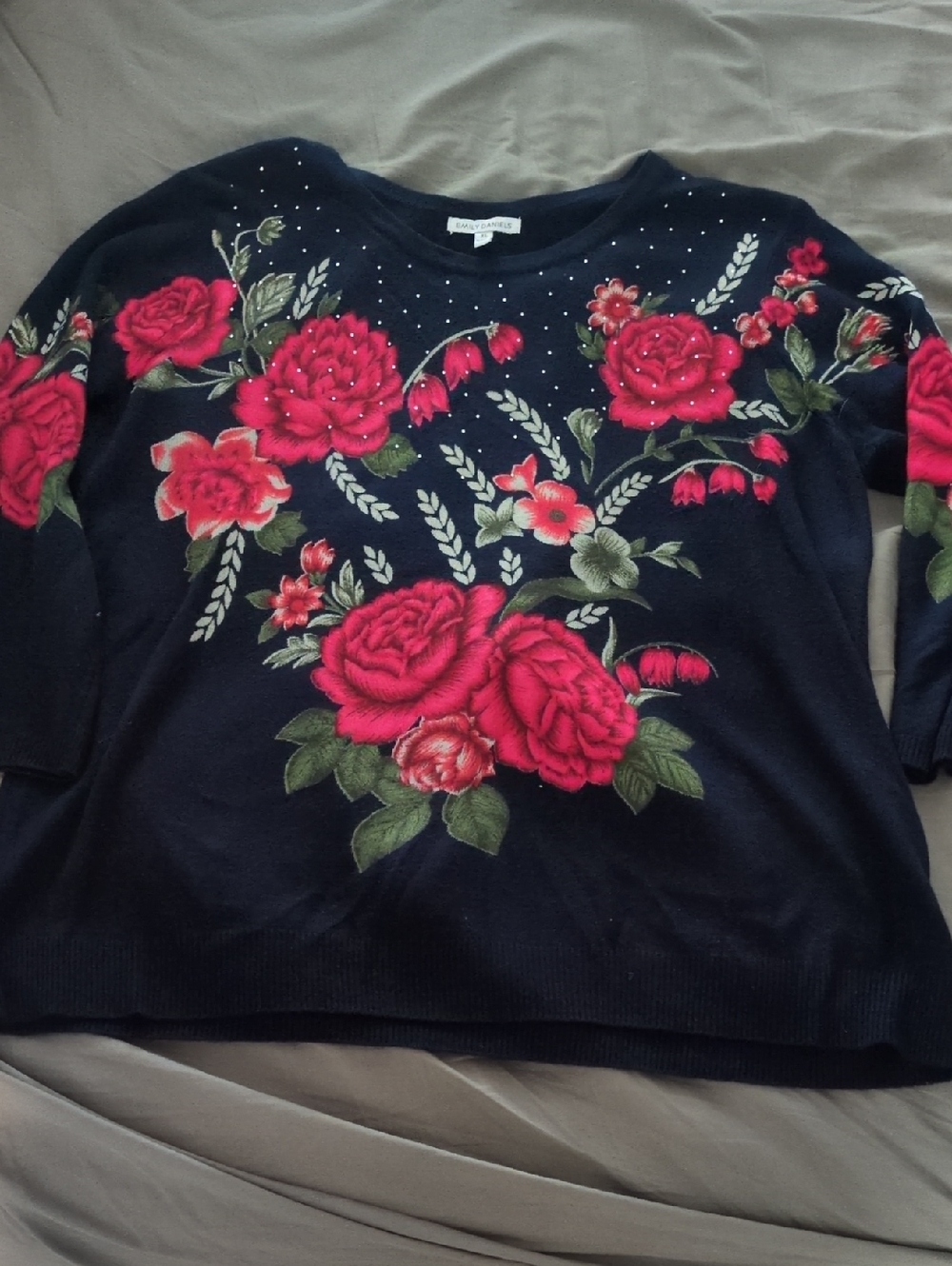 Navy Floral Embroidered Sweater with Pink Red Roses